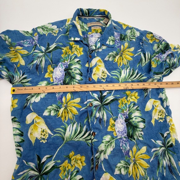 Tommy Bahama Mens Large Blue Linen Parrot Floral Tropical Camp Shirt Hawaiian - Picture 7 of 9